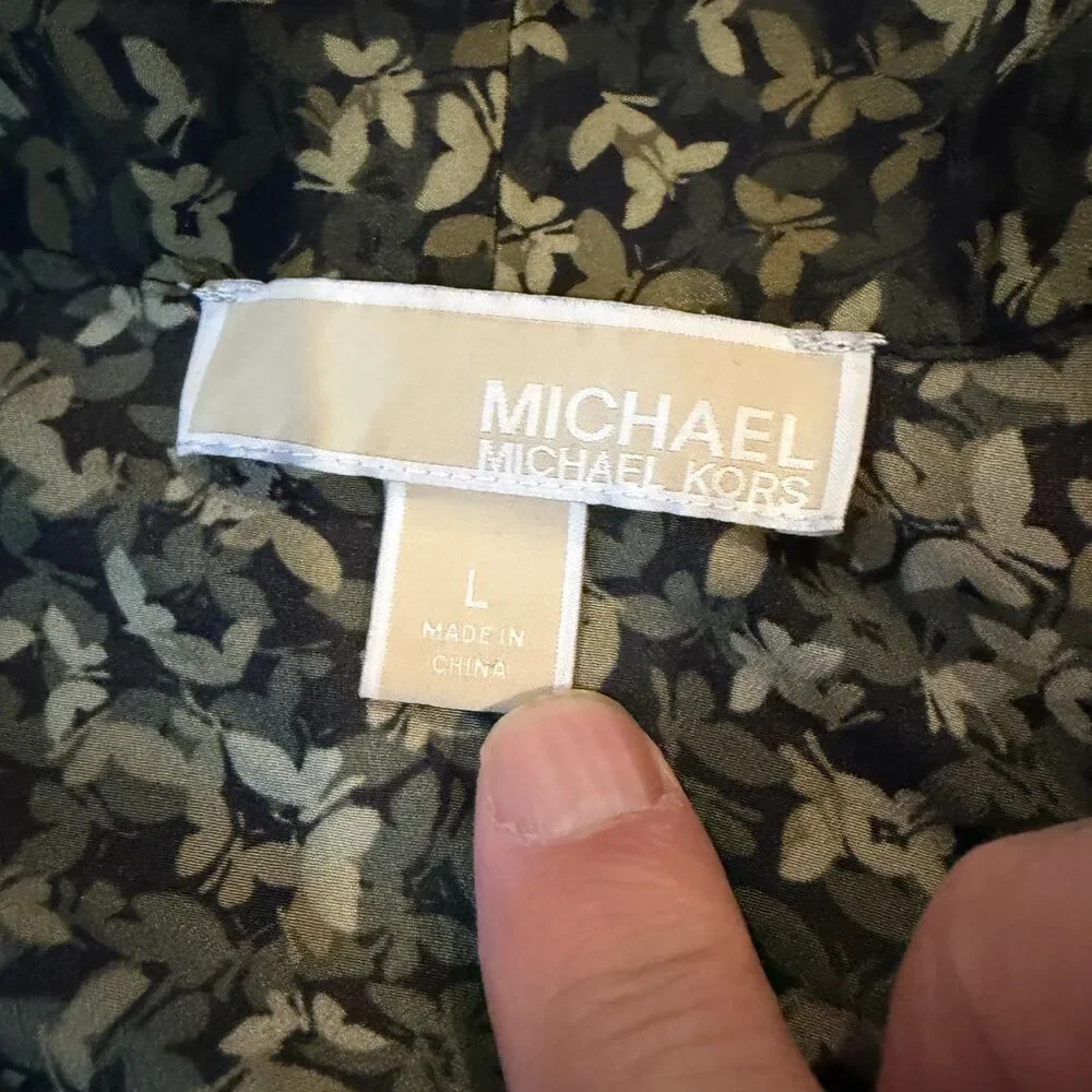 MICHAEL Michael Kors Floral Blouse L Black Olive Roll Tab Sleeve Gold Hardware